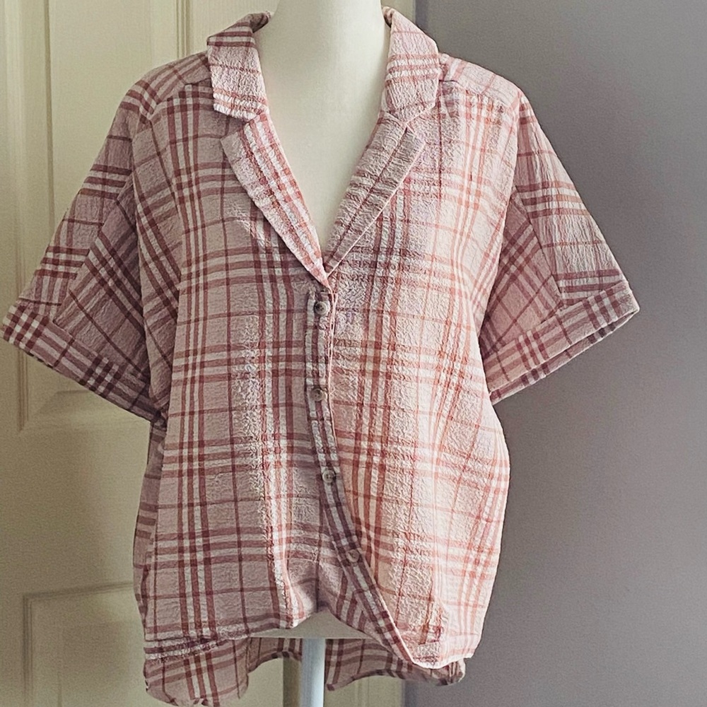 Very J Wrapped Blush Plaid Short Sleeve Blouse